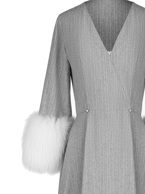 Grey Linen Fox Fur Midi Dress, 3