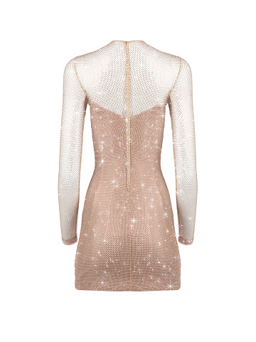 Beige Rhinestones Mesh Mini Dress, 2