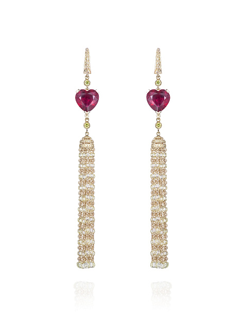 Heart Ruby & Yellow Briolette Diamond & Gold Tassel Earrings, 1