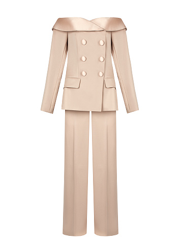 Beige Double-Breasted Off-Shoulder Suit, 1