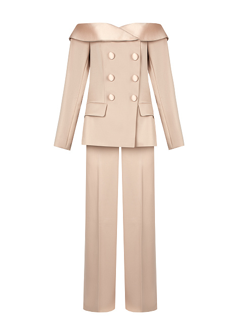 Beige Double-Breasted Off-Shoulder Suit, 1 Beige Double-Breasted Off-Shoulder Suit, 1