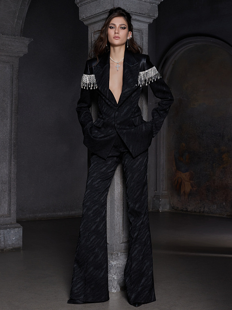 Black Jacquard & Leather Crystal Fringe Trimmed Suit, 4