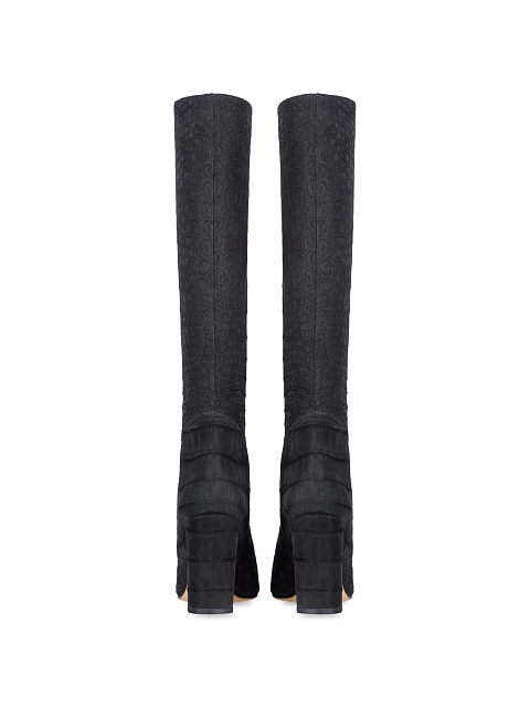 Black Crocodile Leather Heeled Tall Boots, 3