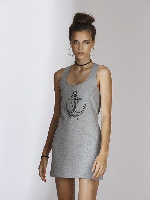 Grey Cotton Anchor Printed Tank Dress, 3