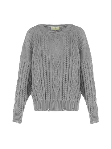 Grey Distressed Cable Knit Sweater , 1