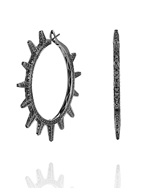 Black Princess Cut Diamond, Black Round Diamond & Black Gold Hoop Earrings, 1