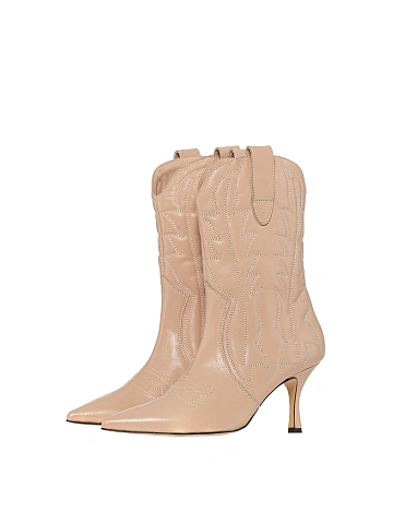 Beige Leather High Heel Cowboy Boots, 1