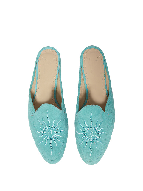 Turquoise Embroidered Suede Mules, 4