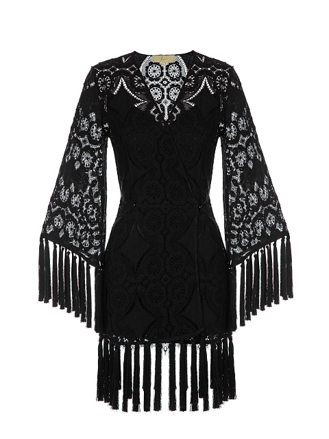Black Fringed Lace Cotton Wrap Mini Dress, 1 Black Fringed Lace Cotton Wrap Mini Dress, 1