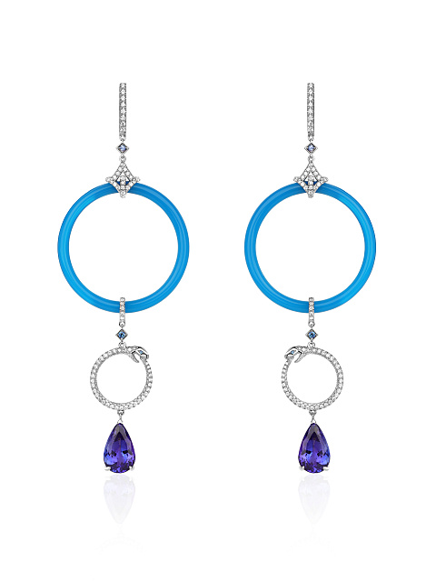 Agate, Pear Tanzanite, Sapphire, Round Diamond & White Gold Earrings , 1