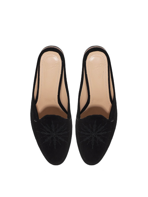 Black Suede Embroidered Mules, 4