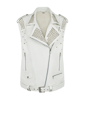 White Studded Leather & Shearling Vest, 1