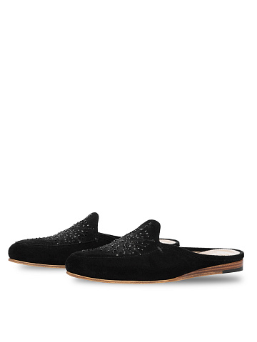 Black Embroidered Suede Mules, 1