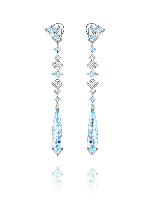 Long palladium earrings with aquamarines and diamonds, 1