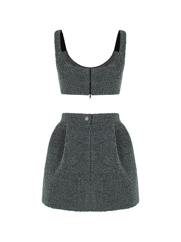 Grey Boucle Wool Top & Mini Skirt Set, 2