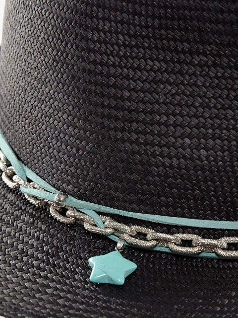 Black Straw Hat With Chain & Turquoise Star, 4 Black Straw Hat With Chain & Turquoise Star, 4