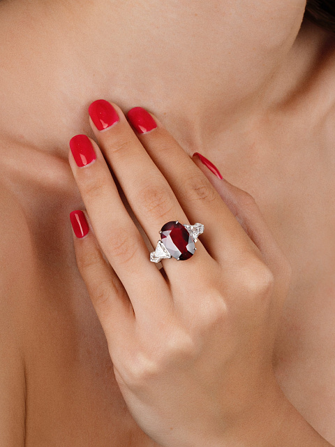 Oval Ruby Pigeon Blood, Triangular Diamond & White Gold Ring, 6
