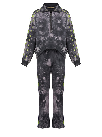 Grey Tie-dye & Neon Green Lily Embroidered Jersey Suit, 1