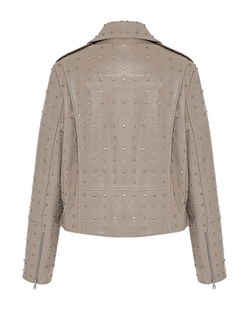 Beige Rhinestones Leather Biker Jacket, 2