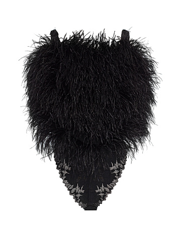 Black bodysuit with feathers, 1