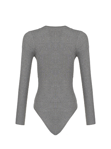 Grey Ribbed Cotton V-Neck Bodysuit, 2