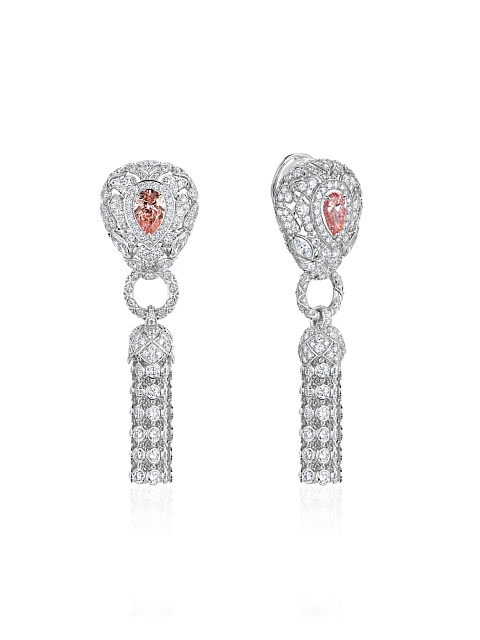 Tassel earrings in white gold with a pink diamond, 1 Tassel earrings in white gold with a pink diamond, 1