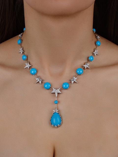 White Gold, Turquoise & Diamonds Star Necklace, 5