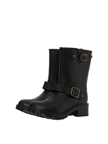 Black rubber ankle boots with bronze buckle, 1