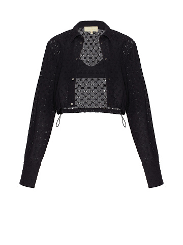 Black Cotton Lace Set Of Bra & Cropped Shirt, 1