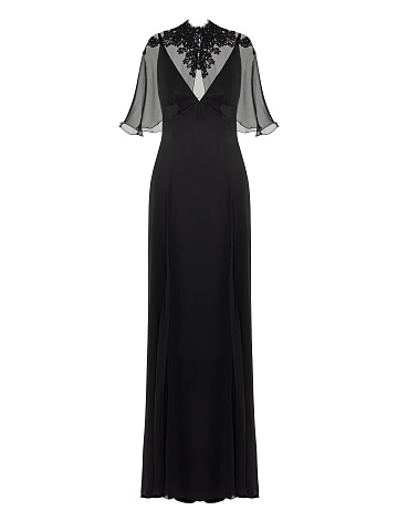 Black Silk Maxi Dress With Chiffon & Lace Cape, 1