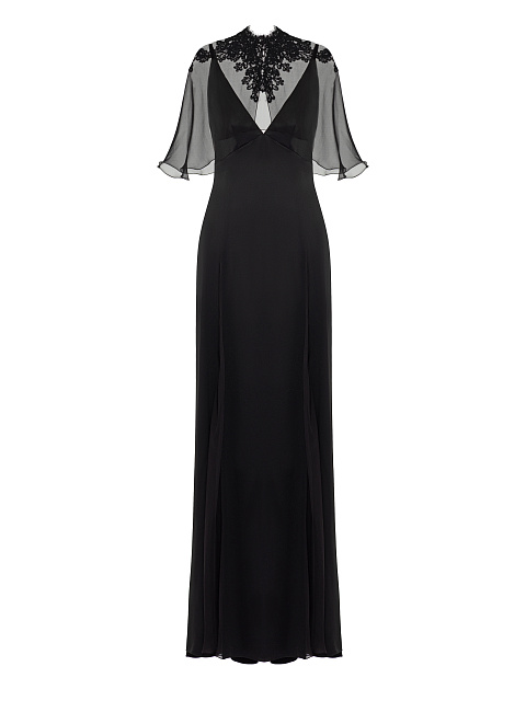 Black Silk Maxi Dress With Chiffon & Lace Cape, 1 Black Silk Maxi Dress With Chiffon & Lace Cape, 1