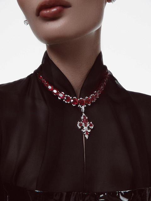 Necklace with a removable pendant made of white gold with rubies and diamonds, 2