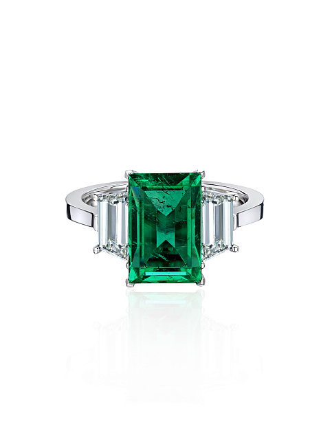 Emerald Baguette, Diamond Trapezoid & White Gold Ring, 5