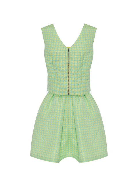Lime Green Jacquard Top & Mini Skirt Set, 2 Lime Green Jacquard Top & Mini Skirt Set, 2