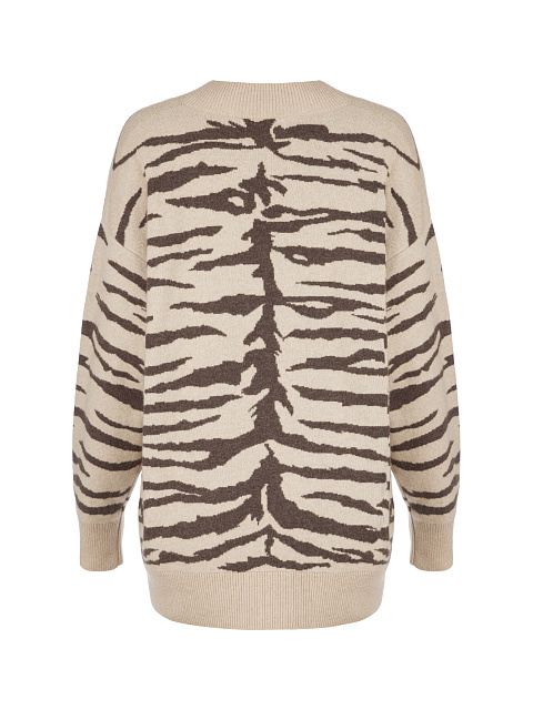 Beige Cashmere Tiger Printed Cardigan, 3