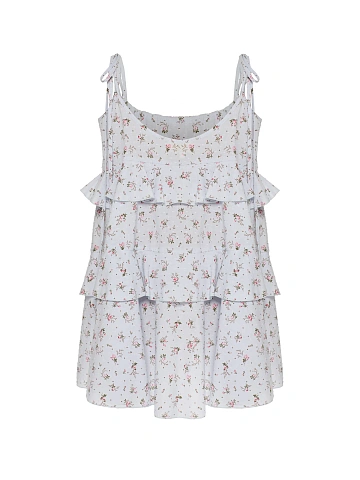 Light Blue Floral Print Cotton Mini Dress With Ruffles, 2