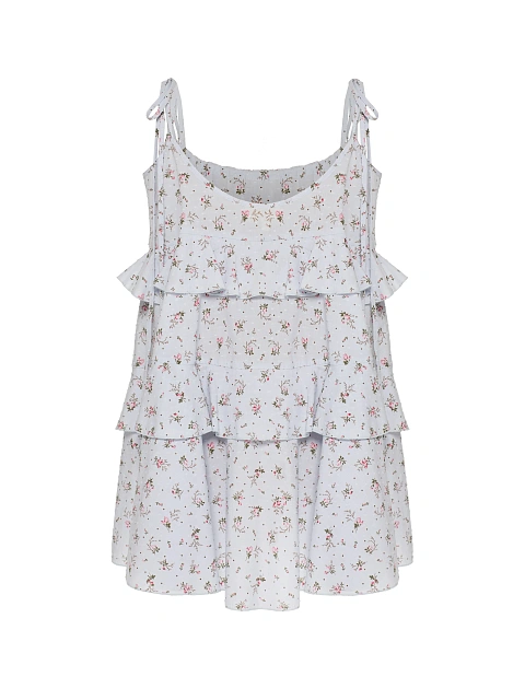 Light Blue Floral Print Cotton Mini Dress With Ruffles, 2 Light Blue Floral Print Cotton Mini Dress With Ruffles, 2
