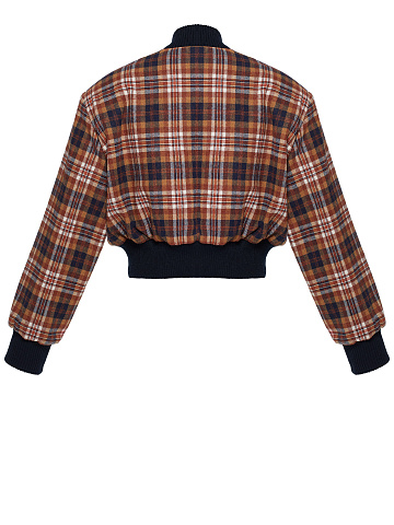Rust Brown Plaid Cropped Bomber Jacket, 2