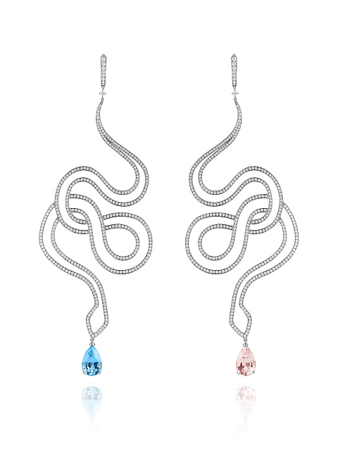 White Gold Aquamarine & Morganite & Diamond Snake Earrings, 1