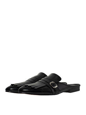 Leather mules with fringe, 1