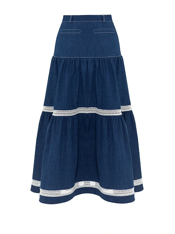 Blue Lace Trim Denim Midi Skirt, 2
