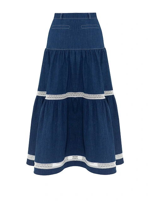 Blue Lace Trim Denim Midi Skirt, 2 Blue Lace Trim Denim Midi Skirt, 2
