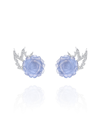 White gold stud earrings with carved roses in blue chalcedony and diamonds, 1