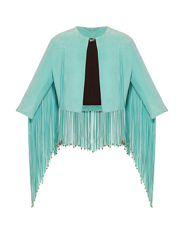 Turquiose Embroidered Fringed Suede Jacket, 1