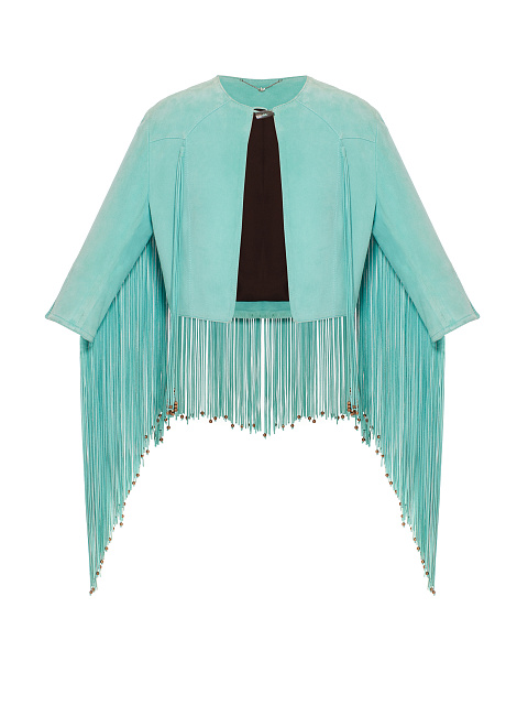 Turquiose Embroidered Fringed Suede Jacket, 1