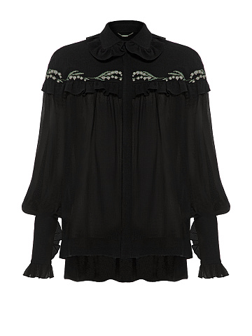 Black Cotton Embroidered Ruffled Shirt, 1