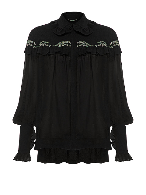 Black Cotton Embroidered Ruffled Shirt, 1 Black Cotton Embroidered Ruffled Shirt, 1