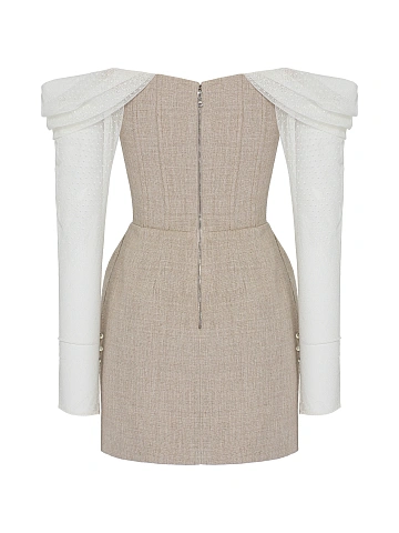 White Embroidered Linen Mini Dress With Lace Sleeves, 2