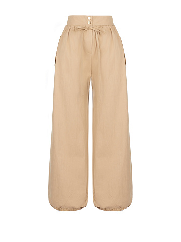 Beige Wide Cotton & Nylon Pants, 1