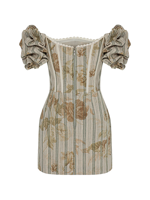 Beige linen mini dress with floral print, 2 Beige linen mini dress with floral print, 2